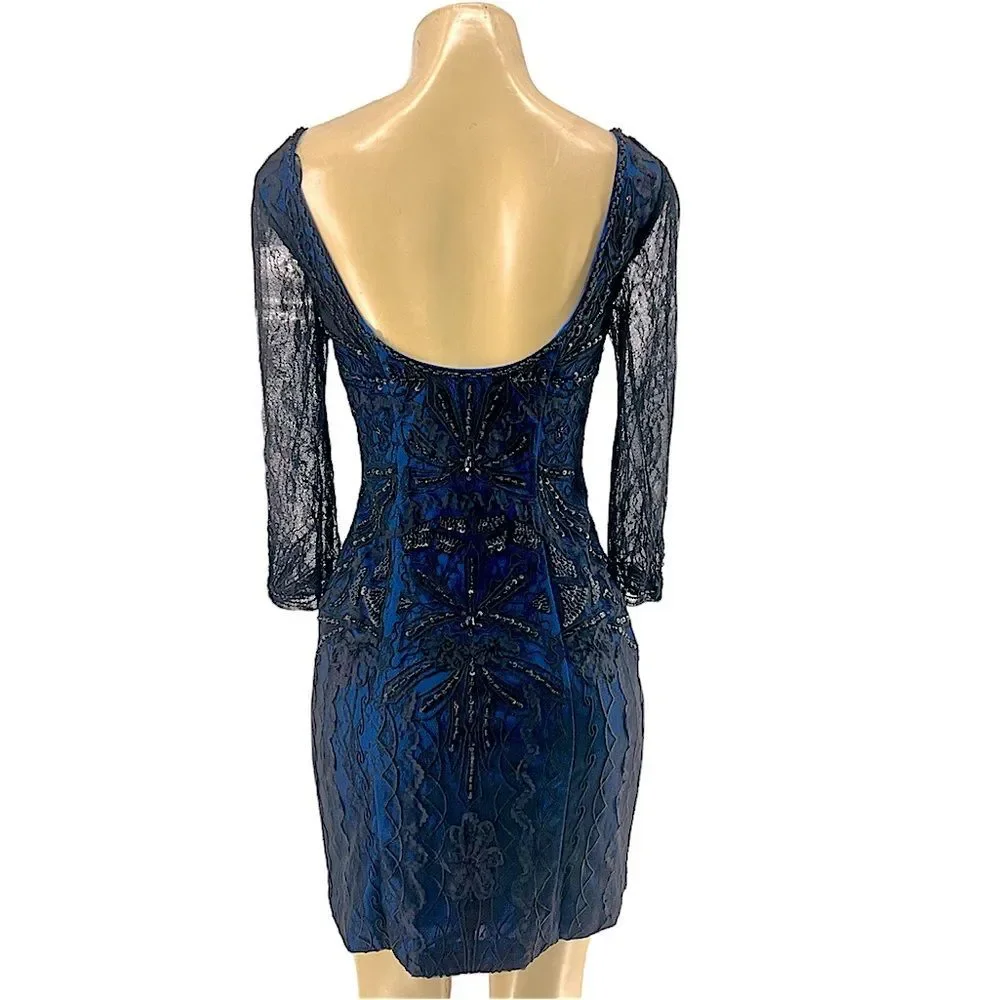 Sue Wong 3/4 SLEEVE V-NECK BEADED ROYAL BLUE & BLACK LACE COCKTAIL DRESS SIZE 4 - Picture 9 of 15